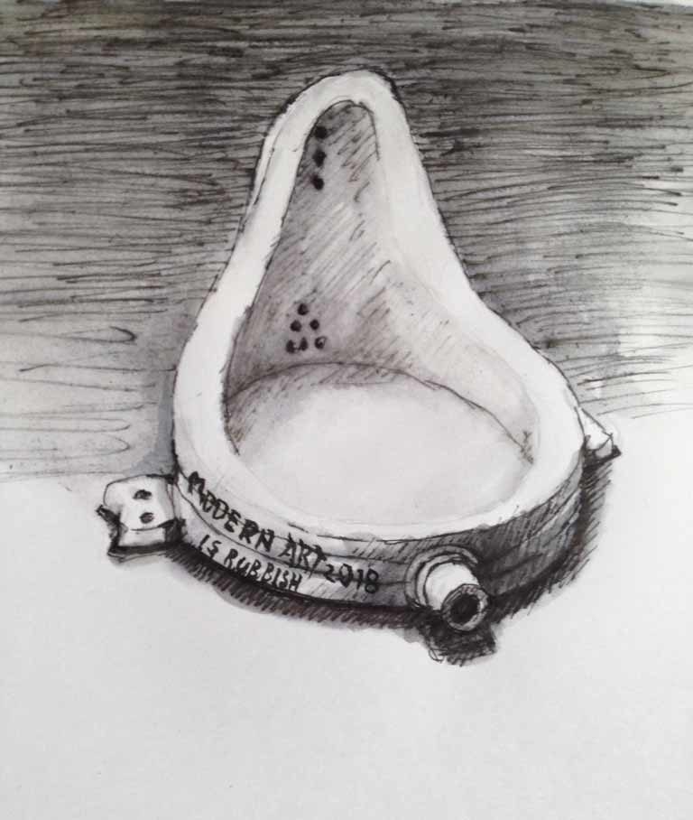 Drawing of a Urinal with modern art is rubbish written on it