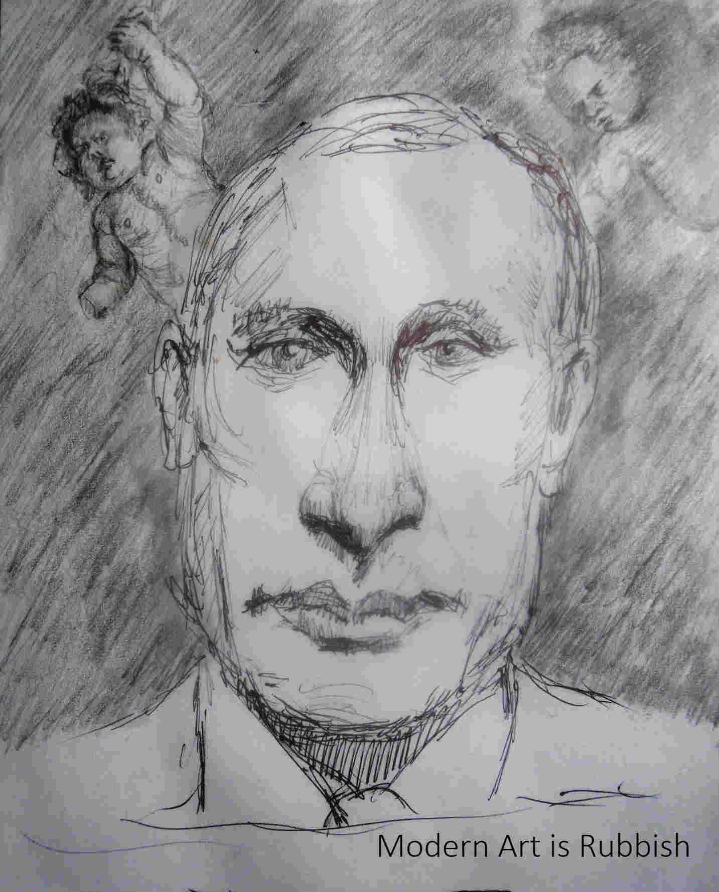 A pen drawing of Vladmir Putin for the podcast Modern Art is Rubbish